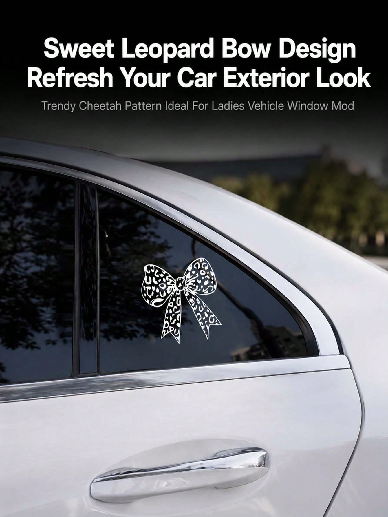 Leopard Print Bow Vinyl Car Decal Sticker, Cute Girly Self-Adhesive PVC Sticker, Waterproof UV Resistant Removable No Residue Decals For Auto Laptop Helmet Motorcycle Luggage DIY Ornament