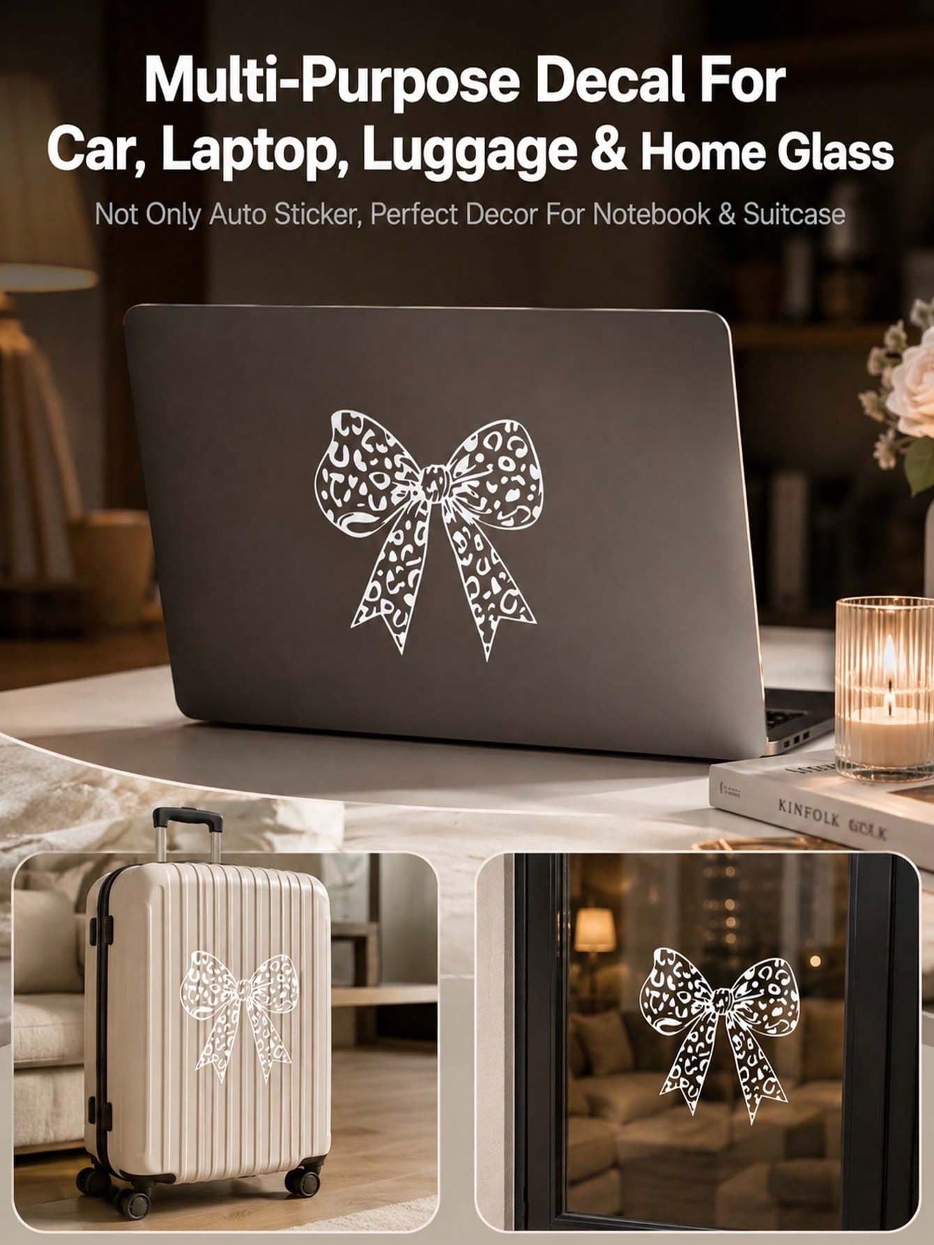 Leopard Print Bow Vinyl Car Decal Sticker, Cute Girly Self-Adhesive PVC Sticker, Waterproof UV Resistant Removable No Residue Decals For Auto Laptop Helmet Motorcycle Luggage DIY Ornament
