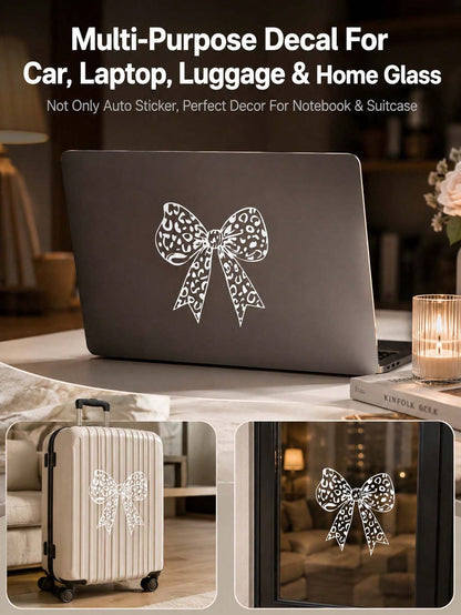 Leopard Print Bow Vinyl Car Decal Sticker, Cute Girly Self-Adhesive PVC Sticker, Waterproof UV Resistant Removable No Residue Decals For Auto Laptop Helmet Motorcycle Luggage DIY Ornament