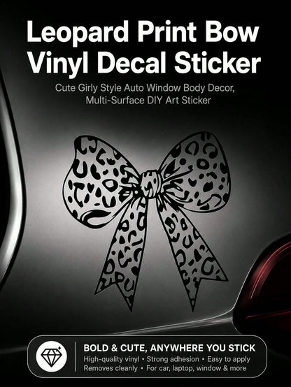 Leopard Print Bow Vinyl Car Decal Sticker, Cute Girly Self-Adhesive PVC Sticker, Waterproof UV Resistant Removable No Residue Decals For Auto Laptop Helmet Motorcycle Luggage DIY Ornament