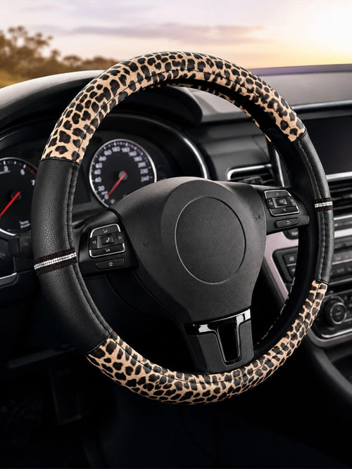 Leopard Print Rhinestone Shiny Steering Wheel Cover, Non-Slip Rubber Inner Ring PU Leather Car Accessory, Suitable For Women And Girls, Vintage Breathable Grip Protective Cover, Universal 15 Inch, Car