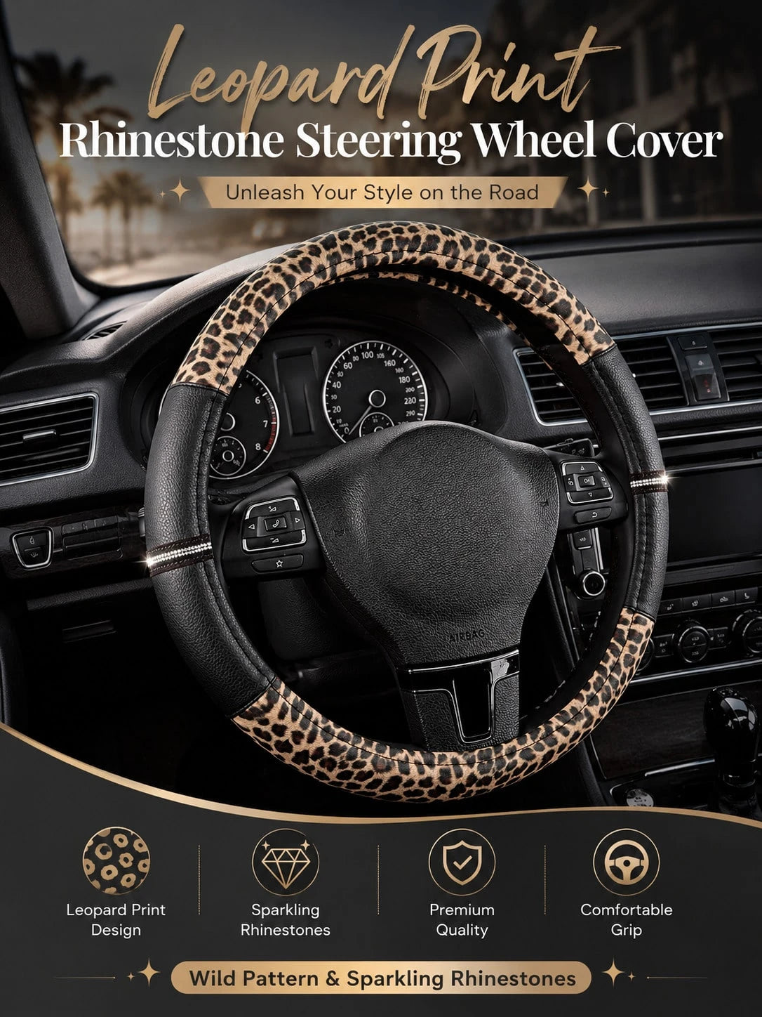 Leopard Print Rhinestone Shiny Steering Wheel Cover, Non-Slip Rubber Inner Ring PU Leather Car Accessory, Suitable For Women And Girls, Vintage Breathable Grip Protective Cover, Universal 15 Inch, Car