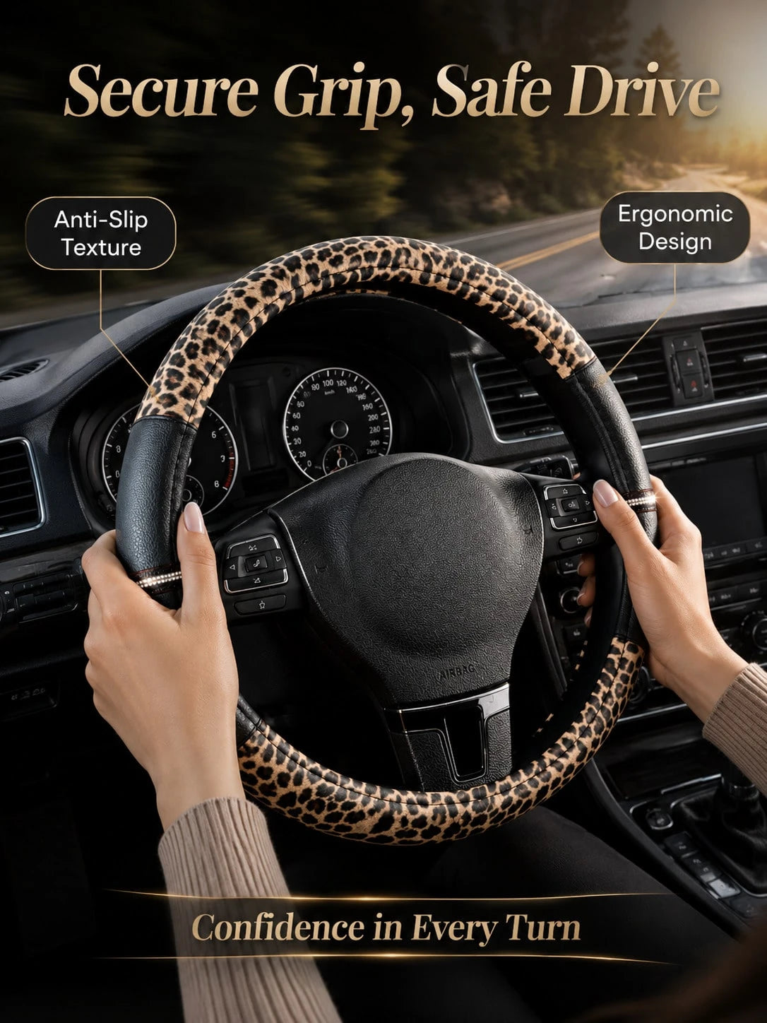 Leopard Print Rhinestone Shiny Steering Wheel Cover, Non-Slip Rubber Inner Ring PU Leather Car Accessory, Suitable For Women And Girls, Vintage Breathable Grip Protective Cover, Universal 15 Inch, Car