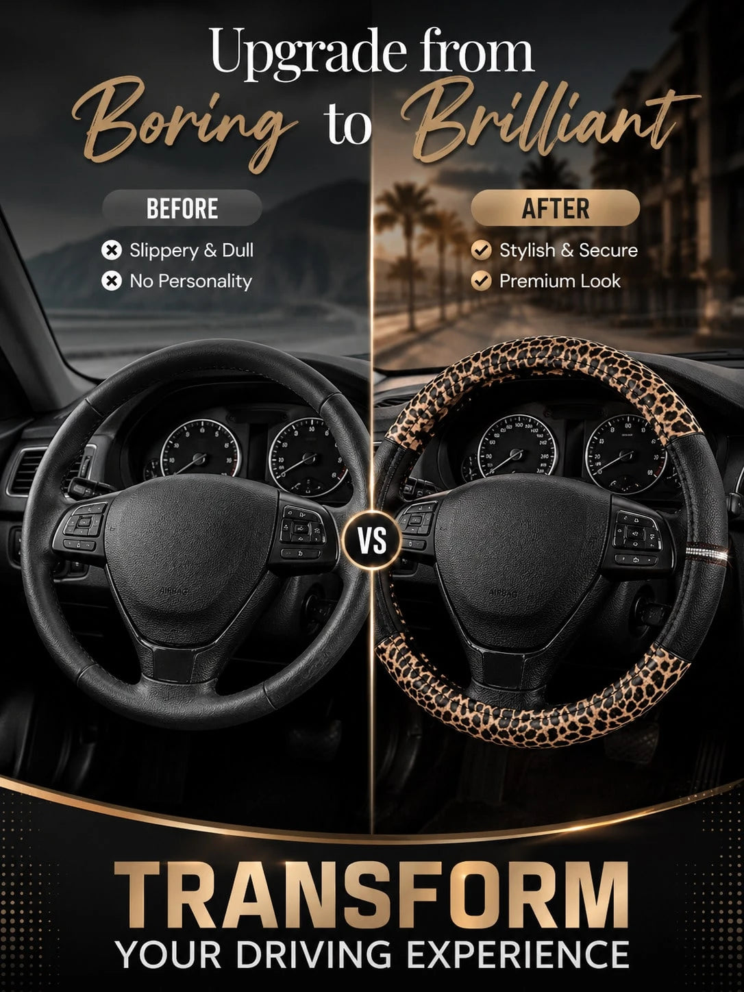 Leopard Print Rhinestone Shiny Steering Wheel Cover, Non-Slip Rubber Inner Ring PU Leather Car Accessory, Suitable For Women And Girls, Vintage Breathable Grip Protective Cover, Universal 15 Inch, Car