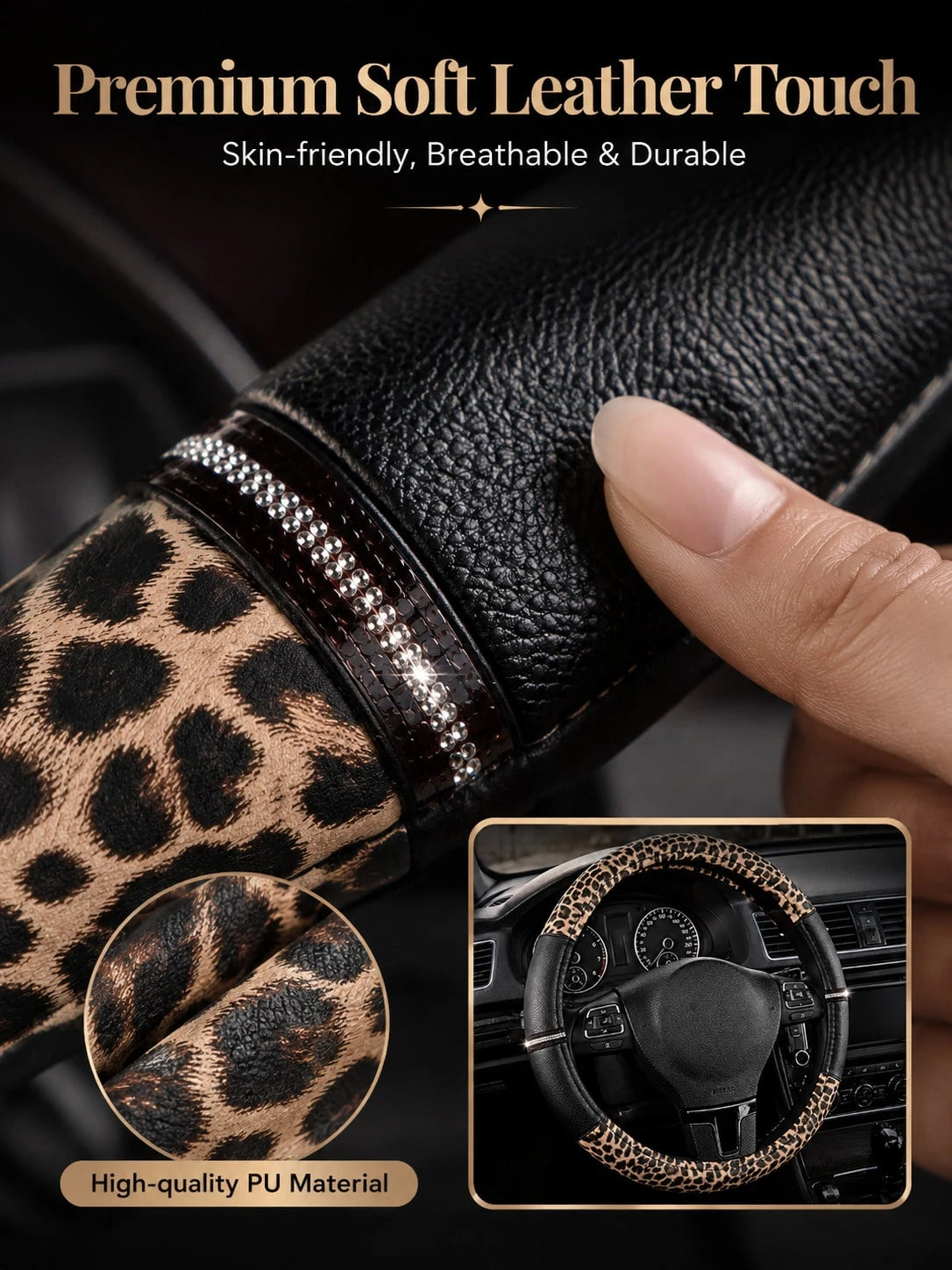 Leopard Print Rhinestone Shiny Steering Wheel Cover, Non-Slip Rubber Inner Ring PU Leather Car Accessory, Suitable For Women And Girls, Vintage Breathable Grip Protective Cover, Universal 15 Inch, Car