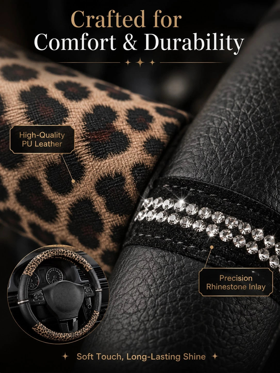 Leopard Print Rhinestone Shiny Steering Wheel Cover, Non-Slip Rubber Inner Ring PU Leather Car Accessory, Suitable For Women And Girls, Vintage Breathable Grip Protective Cover, Universal 15 Inch, Car