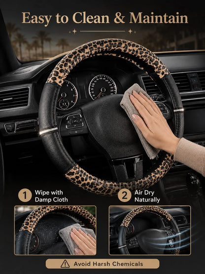 Leopard Print Rhinestone Shiny Steering Wheel Cover, Non-Slip Rubber Inner Ring PU Leather Car Accessory, Suitable For Women And Girls, Vintage Breathable Grip Protective Cover, Universal 15 Inch, Car