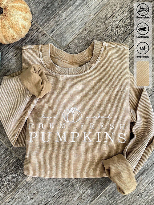 Letter Graphic Embroidered Minimalist Autumn/Winter Women's Regular Crew Neck Corduroy Long Sleeve Sweatshirt, Gift For Friends