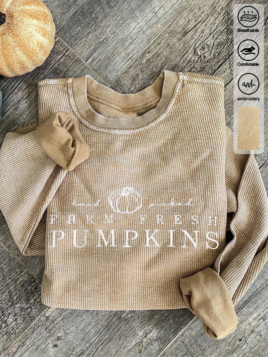 Letter Graphic Embroidered Minimalist Autumn/Winter Women's Regular Crew Neck Corduroy Long Sleeve Sweatshirt, Gift For Friends