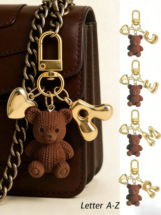 Letter Teddy Bear Keychain, With Gold Bubble Letter A-Z Keychain, Cute Teddy Bear Bag Charm Pendant, Suitable For Handbags, Wallets, Backpacks, Travel Bags, Decorative Keychain, Suitable For Gym, Clas