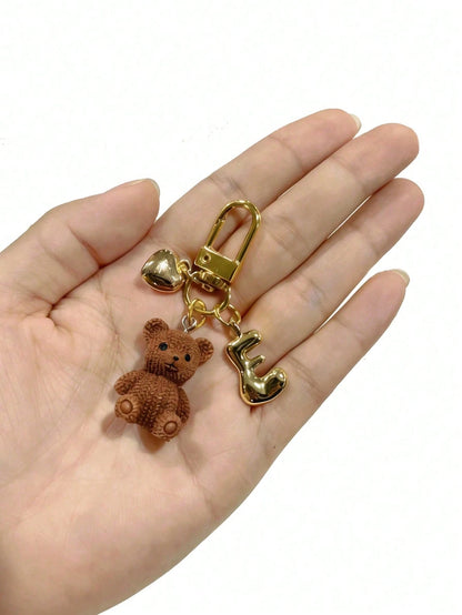 Letter Teddy Bear Keychain, With Gold Bubble Letter A-Z Keychain, Cute Teddy Bear Bag Charm Pendant, Suitable For Handbags, Wallets, Backpacks, Travel Bags, Decorative Keychain, Suitable For Gym, Clas