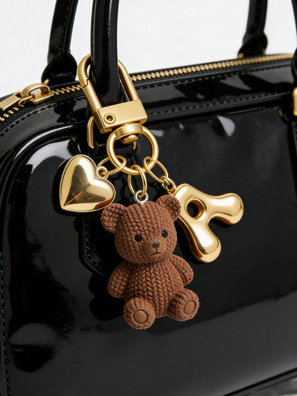 Letter Teddy Bear Keychain, With Gold Bubble Letter A-Z Keychain, Cute Teddy Bear Bag Charm Pendant, Suitable For Handbags, Wallets, Backpacks, Travel Bags, Decorative Keychain, Suitable For Gym, Clas