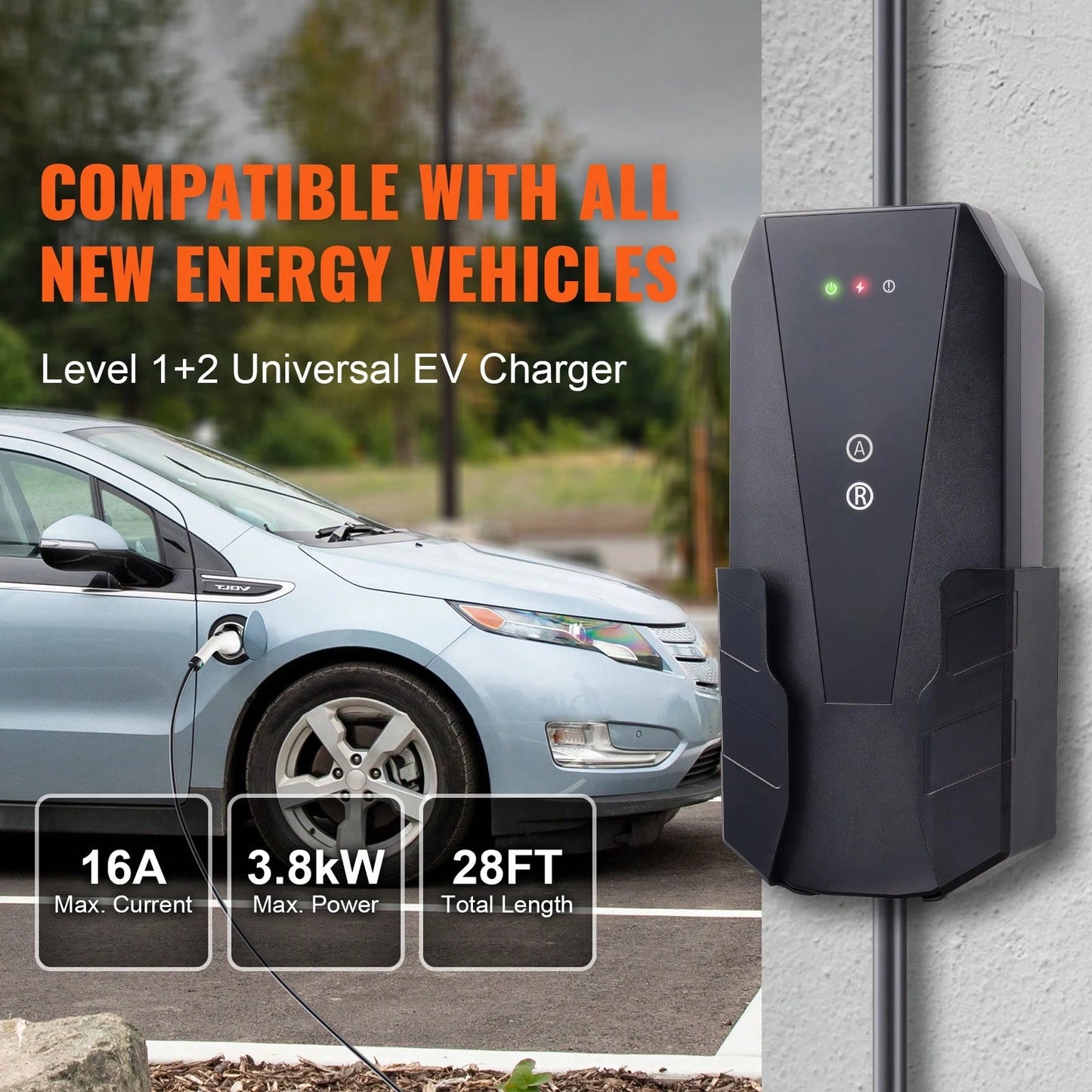 Level 1+2 Portable EV Charger, 16 Amp 120V Or 240V, Electric Vehicle Charger With 28-Foot Charging Cable NEMA 6-20P Plug NEMA 5-15 Adapter, Plug-In Home EV Charging Station For SAE J1772 EVs