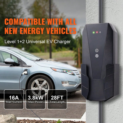 Level 1+2 Portable EV Charger, 16 Amp 120V Or 240V, Electric Vehicle Charger With 28-Foot Charging Cable NEMA 6-20P Plug NEMA 5-15 Adapter, Plug-In Home EV Charging Station For SAE J1772 EVs