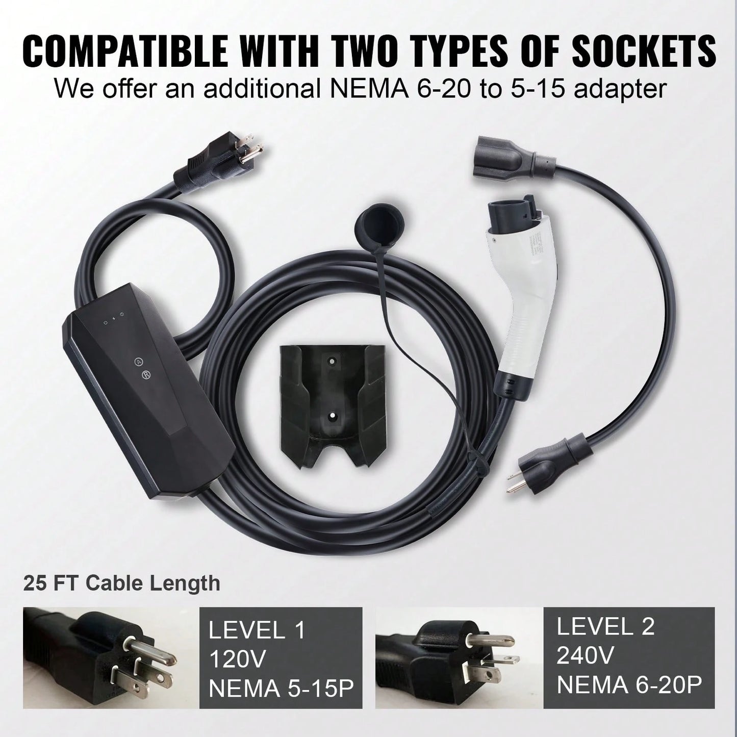 Level 1+2 Portable EV Charger, 16 Amp 120V Or 240V, Electric Vehicle Charger With 28-Foot Charging Cable NEMA 6-20P Plug NEMA 5-15 Adapter, Plug-In Home EV Charging Station For SAE J1772 EVs