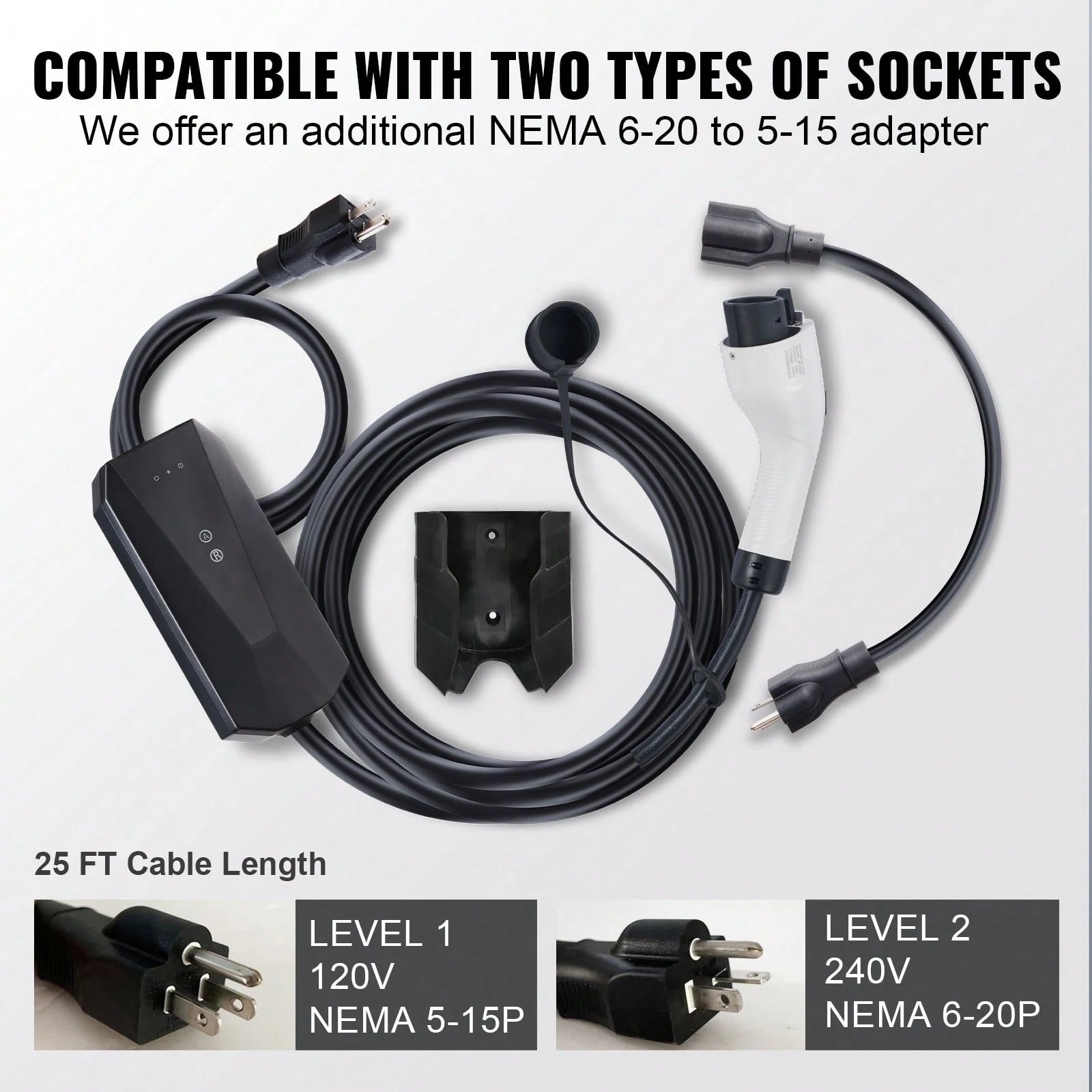 Level 1+2 Portable EV Charger, 16 Amp 120V Or 240V, Electric Vehicle Charger With 28-Foot Charging Cable NEMA 6-20P Plug NEMA 5-15 Adapter, Plug-In Home EV Charging Station For SAE J1772 EVs