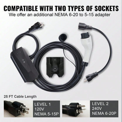 Level 1+2 Portable EV Charger, 16 Amp 120V Or 240V, Electric Vehicle Charger With 28-Foot Charging Cable NEMA 6-20P Plug NEMA 5-15 Adapter, Plug-In Home EV Charging Station For SAE J1772 EVs