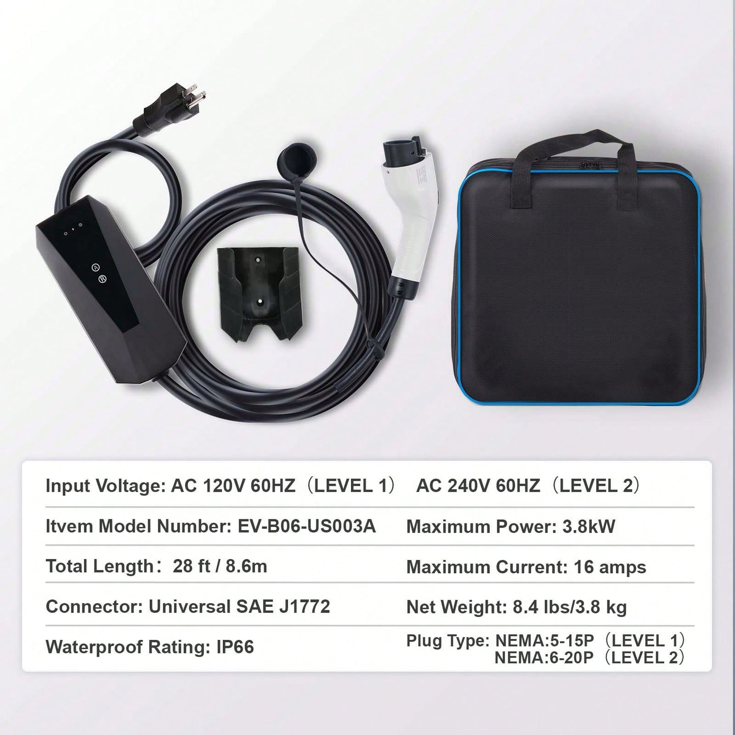 Level 1+2 Portable EV Charger, 16 Amp 120V Or 240V, Electric Vehicle Charger With 28-Foot Charging Cable NEMA 6-20P Plug NEMA 5-15 Adapter, Plug-In Home EV Charging Station For SAE J1772 EVs