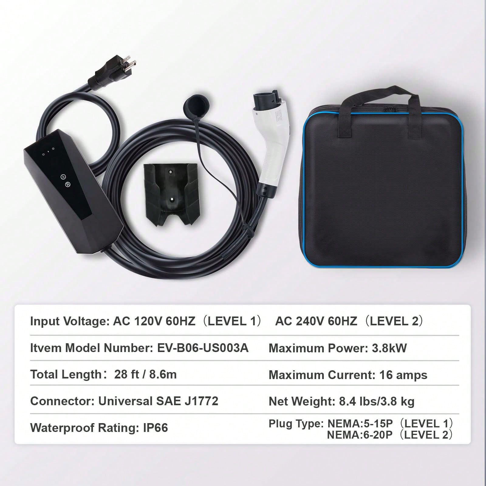 Level 1+2 Portable EV Charger, 16 Amp 120V Or 240V, Electric Vehicle Charger With 28-Foot Charging Cable NEMA 6-20P Plug NEMA 5-15 Adapter, Plug-In Home EV Charging Station For SAE J1772 EVs