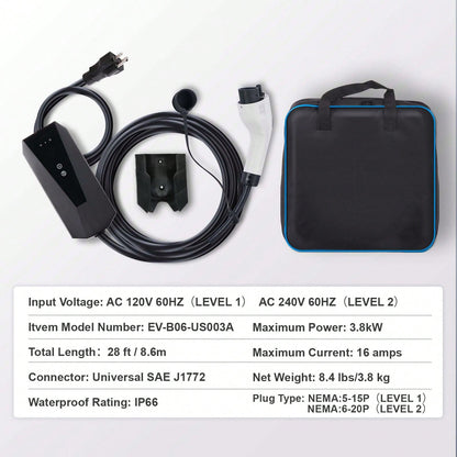 Level 1+2 Portable EV Charger, 16 Amp 120V Or 240V, Electric Vehicle Charger With 28-Foot Charging Cable NEMA 6-20P Plug NEMA 5-15 Adapter, Plug-In Home EV Charging Station For SAE J1772 EVs