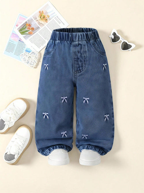 Light Blue Autumn Baby Girl Cute Cross Applique Straight Leg Jeans,Back-To-School Cute Modest Denim,Vintage Distressed Academic Style Outfit