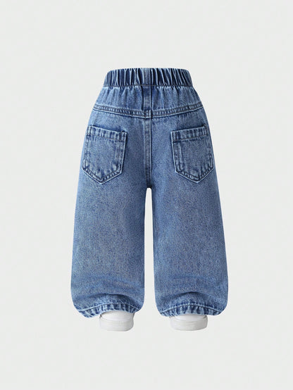 Light Blue Autumn Baby Girl Cute Cross Applique Straight Leg Jeans,Back-To-School Cute Modest Denim,Vintage Distressed Academic Style Outfit