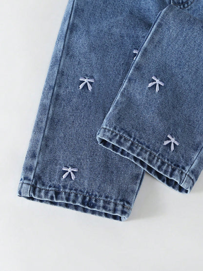Light Blue Autumn Baby Girl Cute Cross Applique Straight Leg Jeans,Back-To-School Cute Modest Denim,Vintage Distressed Academic Style Outfit