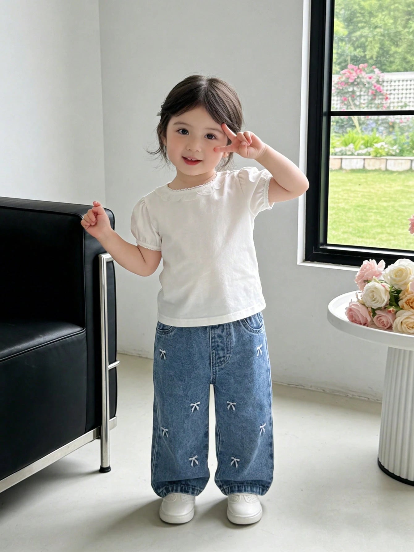 Light Blue Autumn Baby Girl Cute Cross Applique Straight Leg Jeans,Back-To-School Cute Modest Denim,Vintage Distressed Academic Style Outfit