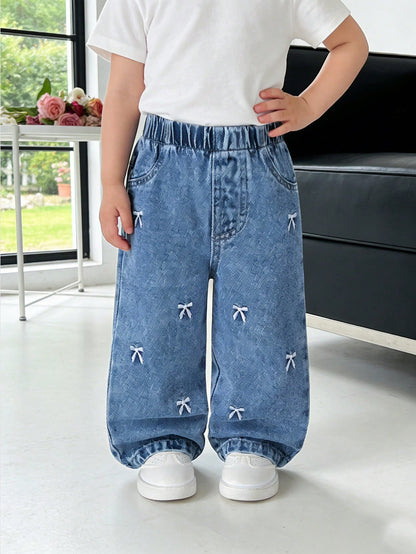 Light Blue Autumn Baby Girl Cute Cross Applique Straight Leg Jeans,Back-To-School Cute Modest Denim,Vintage Distressed Academic Style Outfit