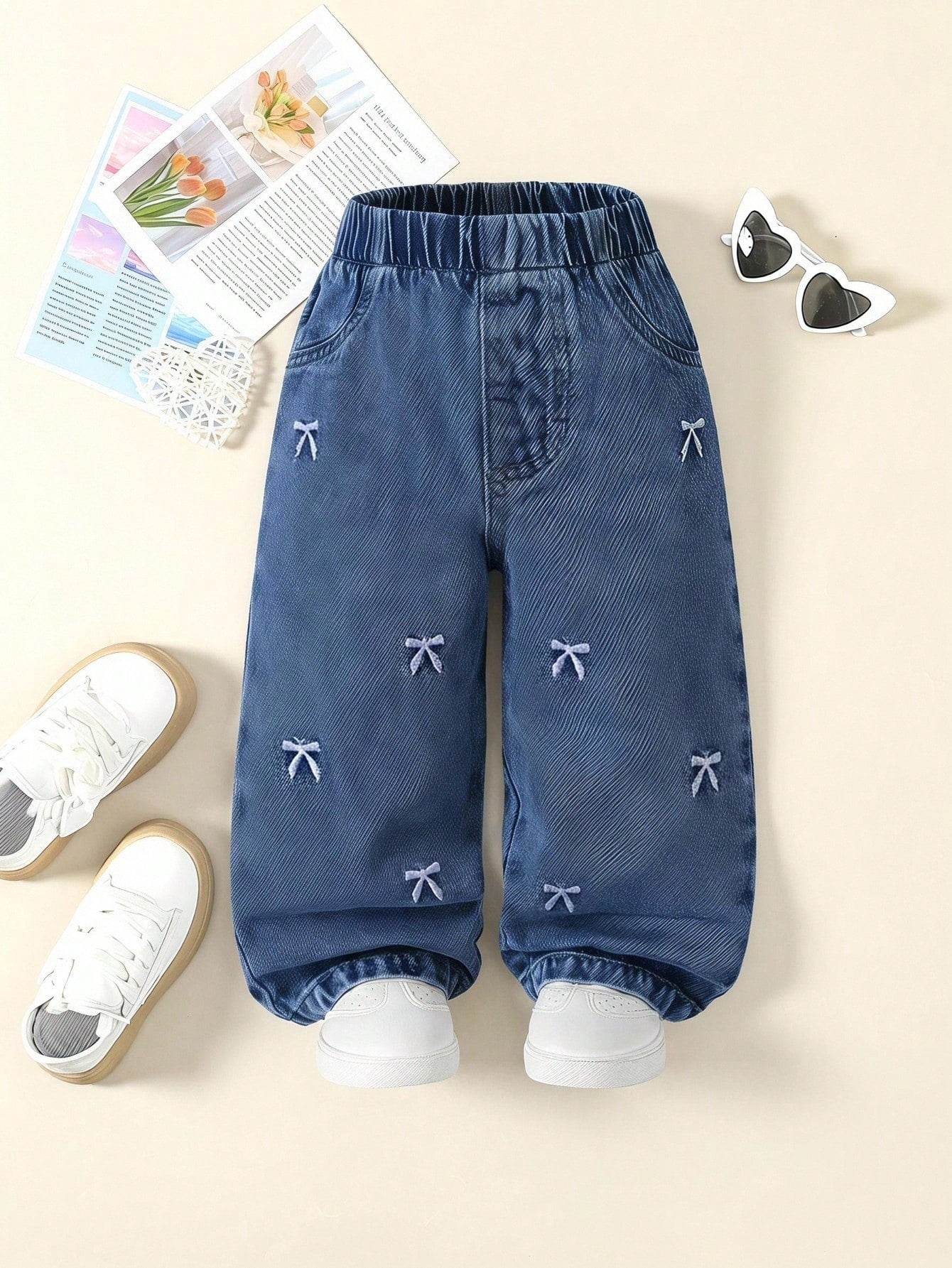 Light Blue Autumn Baby Girl Cute Cross Applique Straight Leg Jeans,Back-To-School Cute Modest Denim,Vintage Distressed Academic Style Outfit