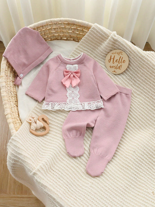 Light Pink Newborn Baby Girl Outfit Set With Lace Trim Sweater,Footed Pants&Knit Hat,Cute Autumn Long Sleeve Pink Bow Baby Set For Baby Shower