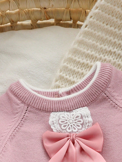 Light Pink Newborn Baby Girl Outfit Set With Lace Trim Sweater,Footed Pants&Knit Hat,Cute Autumn Long Sleeve Pink Bow Baby Set For Baby Shower