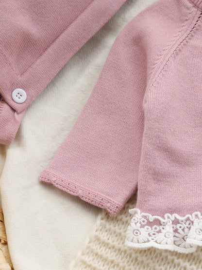 Light Pink Newborn Baby Girl Outfit Set With Lace Trim Sweater,Footed Pants&Knit Hat,Cute Autumn Long Sleeve Pink Bow Baby Set For Baby Shower