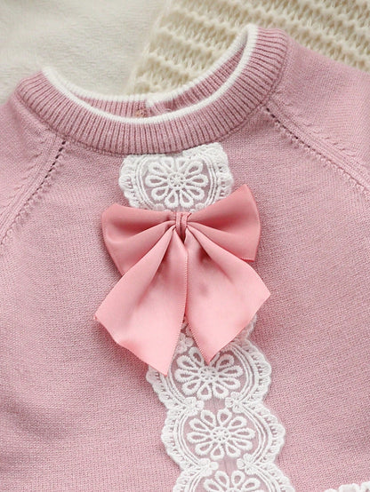 Light Pink Newborn Baby Girl Outfit Set With Lace Trim Sweater,Footed Pants&Knit Hat,Cute Autumn Long Sleeve Pink Bow Baby Set For Baby Shower