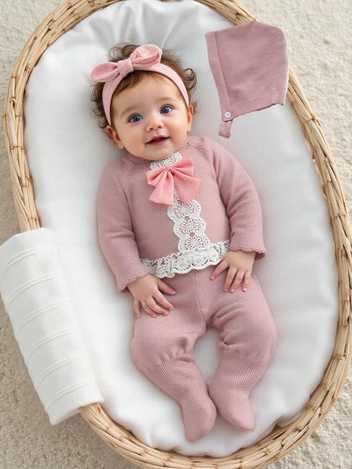 Light Pink Newborn Baby Girl Outfit Set With Lace Trim Sweater,Footed Pants&Knit Hat,Cute Autumn Long Sleeve Pink Bow Baby Set For Baby Shower