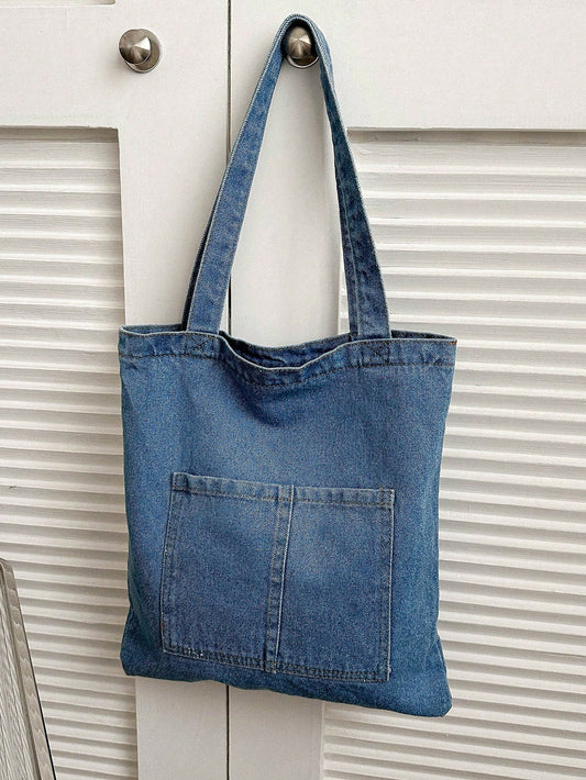 Light Wash Denim Effect Canvas Tote Bag, Multi-Pocket Commuting Handbag, Women's Large Capacity Tote Bag With Inner Pockets, Soft And Washable