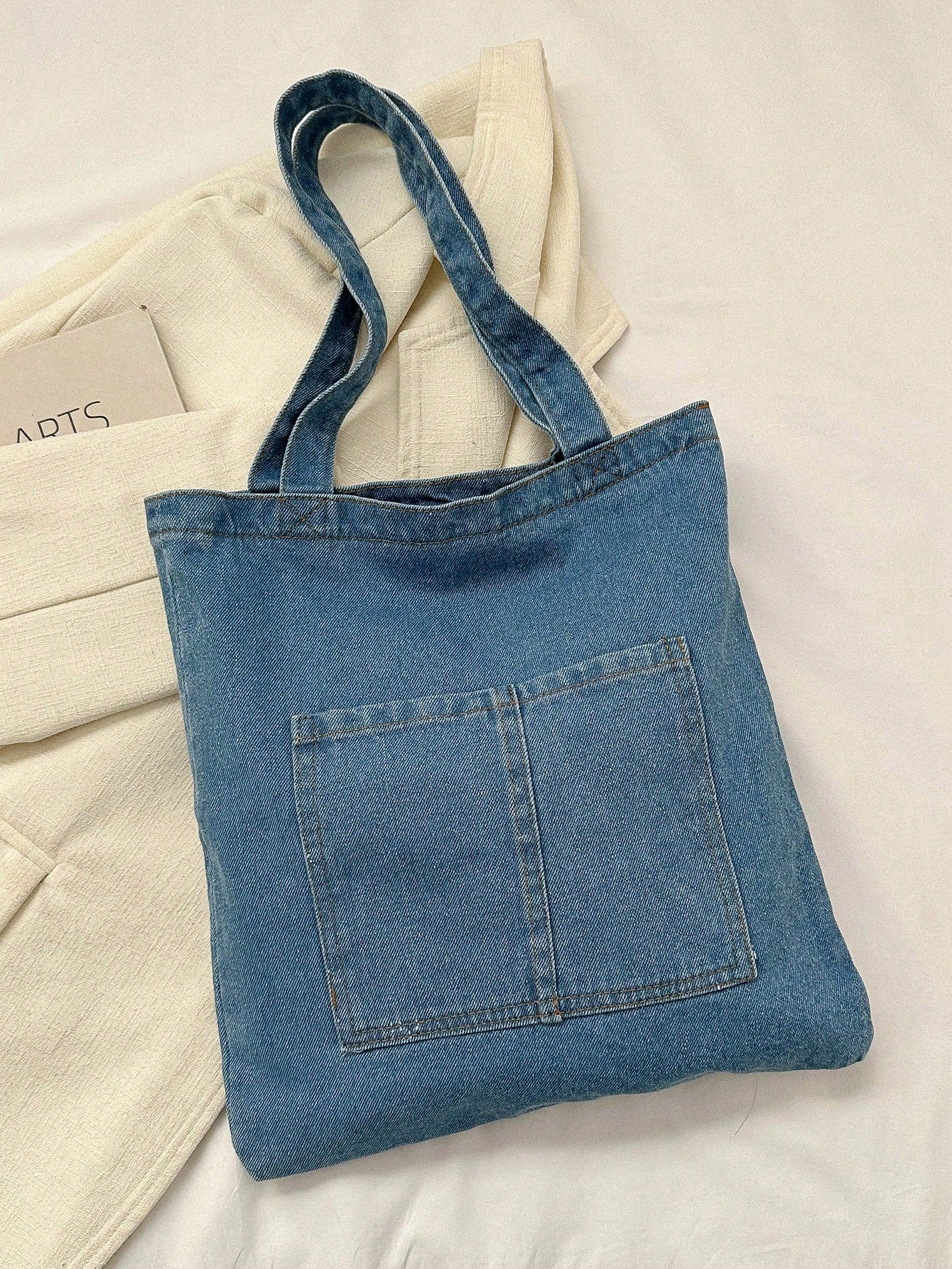 Light Wash Denim Effect Canvas Tote Bag, Multi-Pocket Commuting Handbag, Women's Large Capacity Tote Bag With Inner Pockets, Soft And Washable