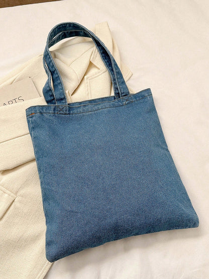 Light Wash Denim Effect Canvas Tote Bag, Multi-Pocket Commuting Handbag, Women's Large Capacity Tote Bag With Inner Pockets, Soft And Washable