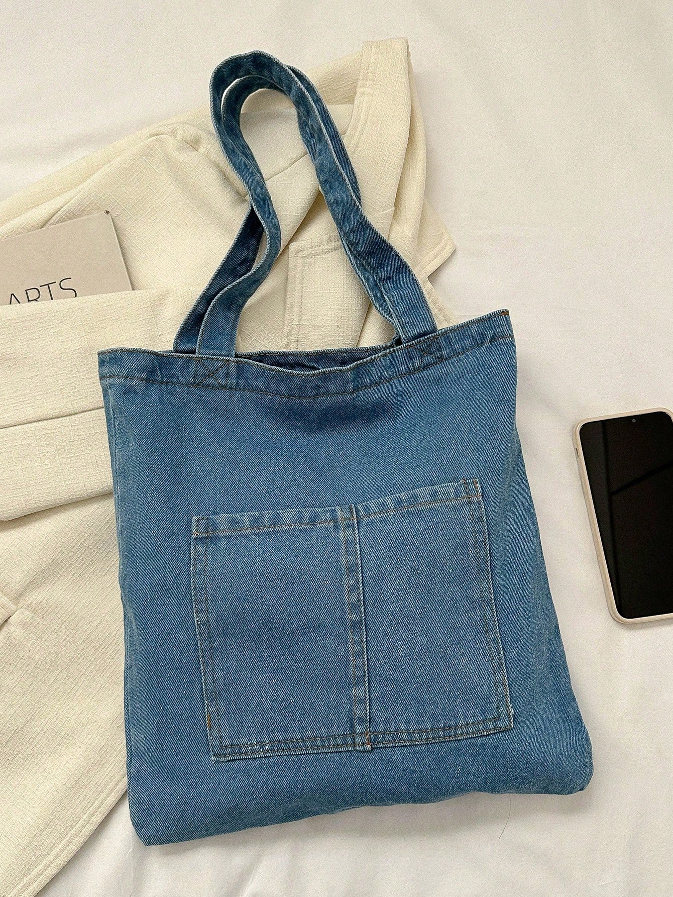 Light Wash Denim Effect Canvas Tote Bag, Multi-Pocket Commuting Handbag, Women's Large Capacity Tote Bag With Inner Pockets, Soft And Washable