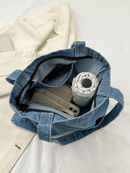 Light Wash Denim Effect Canvas Tote Bag, Multi-Pocket Commuting Handbag, Women's Large Capacity Tote Bag With Inner Pockets, Soft And Washable