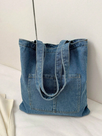 Light Wash Denim Effect Canvas Tote Bag, Multi-Pocket Commuting Handbag, Women's Large Capacity Tote Bag With Inner Pockets, Soft And Washable