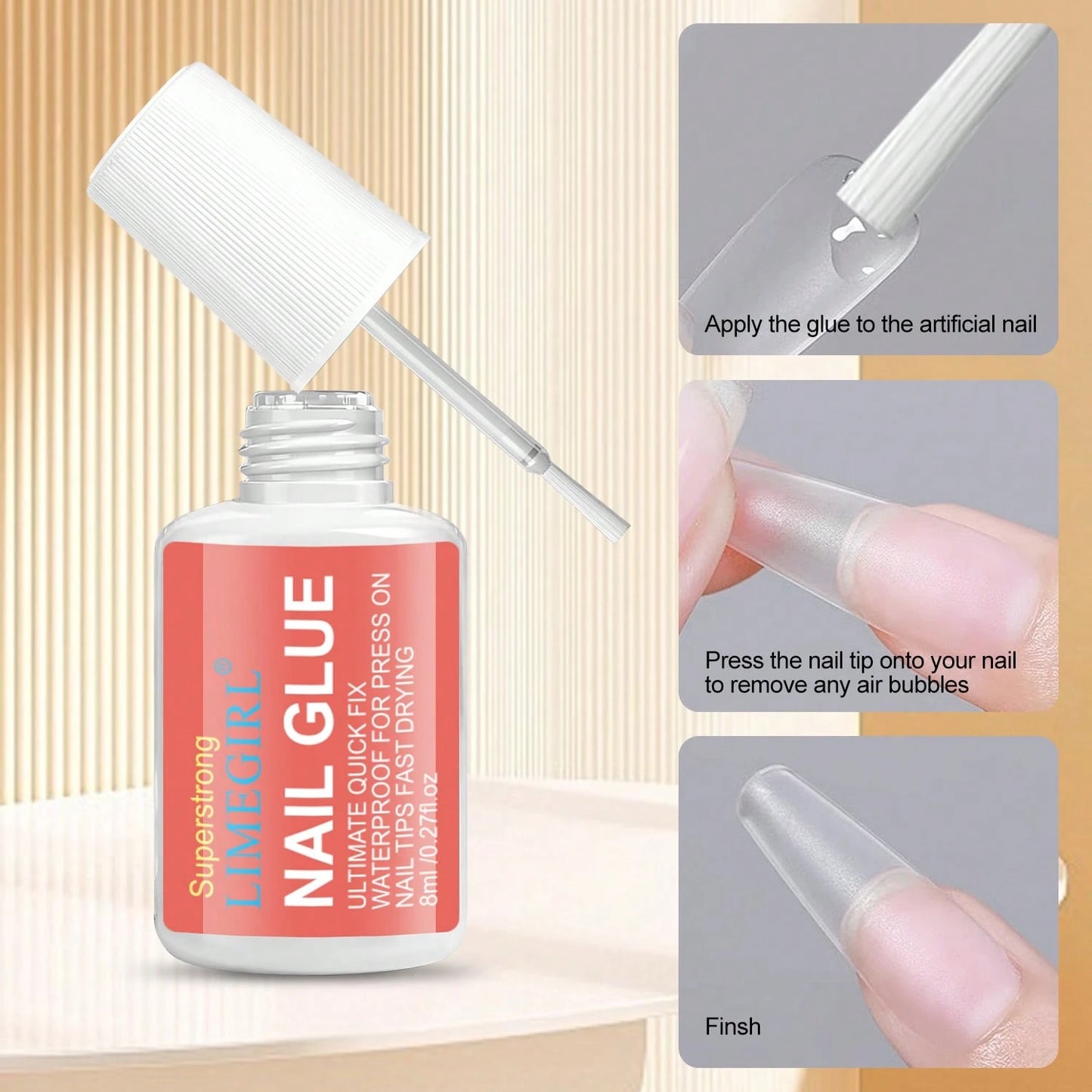 LIMEGIRL Super Strong Fake Nail Glue, 8ml No UV Lamp Needed, Long-Lasting & Durable, Maximum Strength, No Residue, Easy To Apply