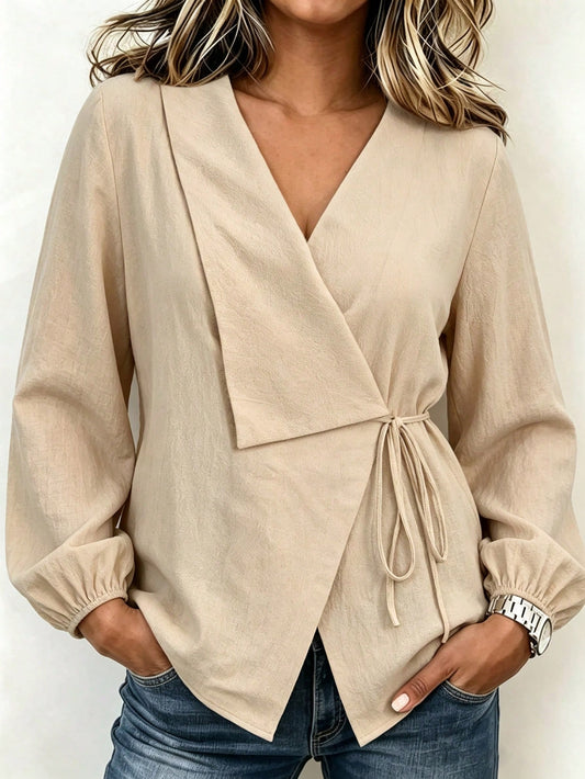 Linhara CURVE Plus Size Women Solid Color Cotton V-Neck Asymmetrical Tie Casual Vacation Long Sleeve Spring Autumn Blouse Fall