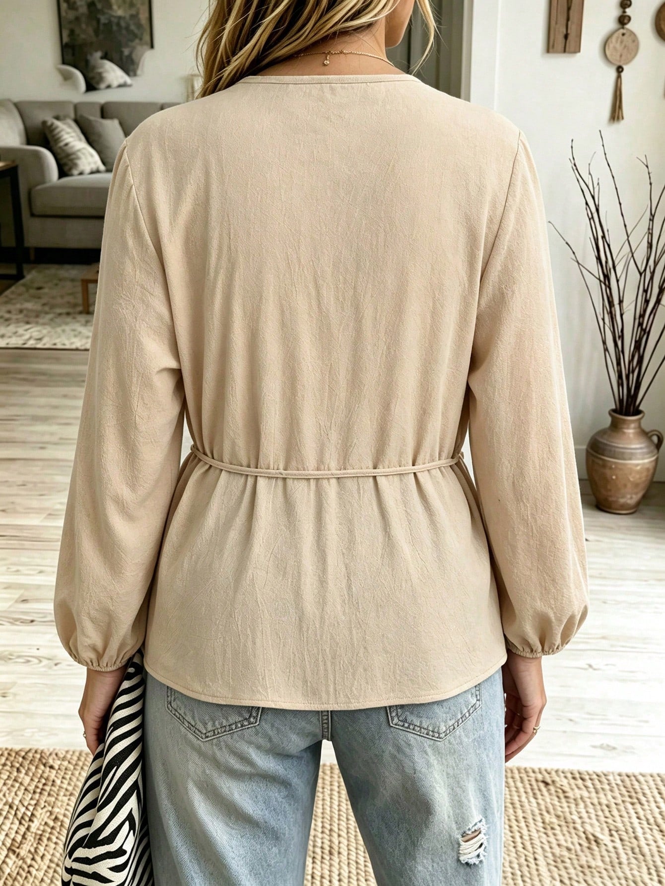 Linhara CURVE Plus Size Women Solid Color Cotton V-Neck Asymmetrical Tie Casual Vacation Long Sleeve Spring Autumn Blouse Fall