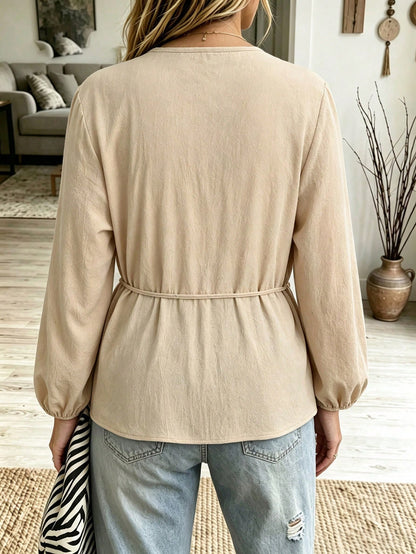 Linhara CURVE Plus Size Women Solid Color Cotton V-Neck Asymmetrical Tie Casual Vacation Long Sleeve Spring Autumn Blouse Fall