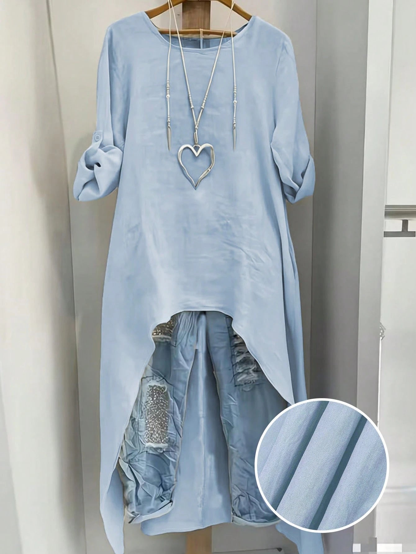 Linhara Light Blue Plus Size Women's Shirt,Summer Smart Casual Round Neck Adjustable Long Sleeve Long Shirt,Vacation Minimalist Solid Color Beachwear Fall