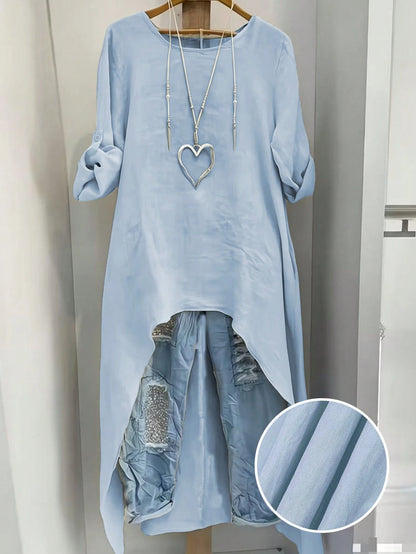 Linhara Light Blue Plus Size Women's Shirt,Summer Smart Casual Round Neck Adjustable Long Sleeve Long Shirt,Vacation Minimalist Solid Color Beachwear Fall