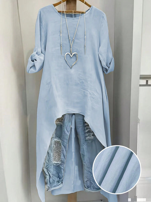 Linhara Light Blue Plus Size Women's Shirt,Summer Smart Casual Round Neck Adjustable Long Sleeve Long Shirt,Vacation Minimalist Solid Color Beachwear Fall