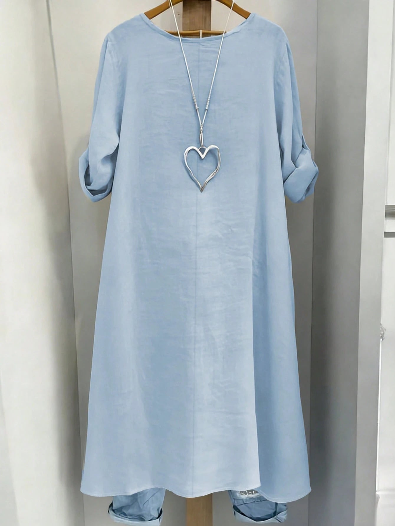 Linhara Light Blue Plus Size Women's Shirt,Summer Smart Casual Round Neck Adjustable Long Sleeve Long Shirt,Vacation Minimalist Solid Color Beachwear Fall