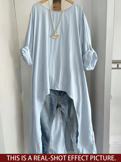 Linhara Light Blue Plus Size Women's Shirt,Summer Smart Casual Round Neck Adjustable Long Sleeve Long Shirt,Vacation Minimalist Solid Color Beachwear Fall